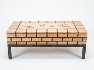 Table basse en bois avec incrustation de poissons koï, style asiatique, fabrication artisanale, design vintage moderne, meubles de salon - Product Image 2