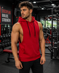 Sweat-shirt à capuche sans manches rouge pour homme avec poche, coupe classique, vêtements de sport décontractés - Product Image 5