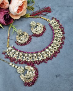 Handcrafted <b>Crystal</b> Beaded Choker Necklace <b>Set</b> With Chandbali Earrings And Mangtika Ethnic Wear Designer Jewellery <b>Set</b> Wholesale - Product Image 1