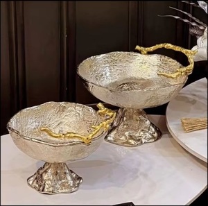 Luxury <b>Hand</b>-<b>Cast</b> Metal Pedestal Bowl Hammered Bark Texture Fruit Dish with Gold Branch Handle Decorative Centerpiece Living Room - Product Image 1