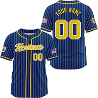 Jersey Bisbol Garis-garis Biru Kustom Seragam Tim Lengan Pendek Berkancing untuk Pria dengan Nomor Nama