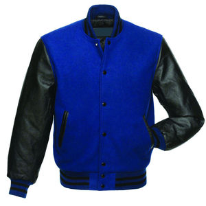 Men's Royal Blue Varsity <b>Jacket</b> With <b>Black</b> Leather Sleeves Stand Collar Casual Autumn Wear - Product Image 3