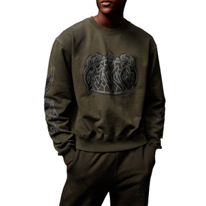 Conjunto Deportivo Estampado Verde Oliva para Hombre, Cuello Redondo, Pantalones Largos, Estilo Urbano, Corte Regular, Otoño, 100% Algodón, Transpirable - Product Image 3