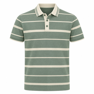 TESSUTO <b>Men's</b> Knitted Jersey <b>Polo</b> <b>Shirt</b> 100% Cotton Sage <b>Green</b> Wide Stripe Short Sleeve Summer Casual Resort Wear - Product Image 1