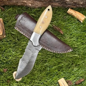 Custom Handmade Camping Hunting <b>Knife</b> with Drop Point Blade Straight Edge Damascus Steel <b>Bone</b> <b>Handle</b> and Leather Sheath - Product Image 5