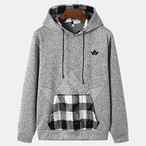 Sweat-shirt à capuche gris pour hommes, avec poche à carreaux et doublure à carreaux, coupe ajustée, tenue décontractée, style automne - Product Image 3