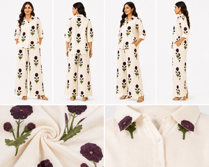 Ensemble de pyjama bohème pour femme à imprimé floral, vêtements de détente de luxe en coton, vente en gros, chemisier ample boutonné et pantalon palazzo assorti - Product Image 2