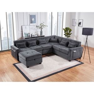 Divano Sezionale Trey 115"W in Ciniglia Grigia con Schienale Regolabile, Porte di Ricarica, Pouf Contenitore Trapuntato e Cuscino Decorativo per Soggiorno - Product Image 5