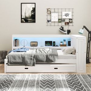 Divano letto matrimoniale bianco in legno con ripiani contenitore e letto estraibile con LED e USB - Product Image 3