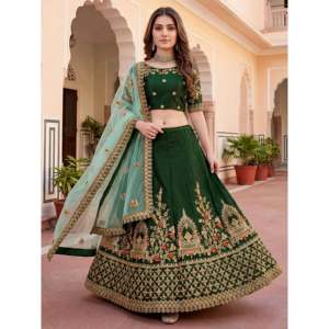 Graceful Green Thread Embroidered Silk <b>Wedding</b> Lehenga Choli - Product Image 5