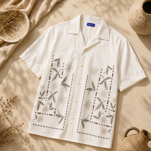 เสื้อเชิ้ตผู้ชายลำลองพรีเมียมสีงาช้าง ผ้าฝ้าย แขนครึ่ง ปักลายดอกไม้ ติดกระดุม แบบรีสอร์ท - Product Image 3
