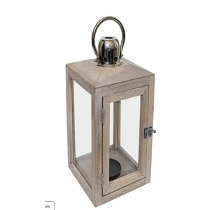 Lanterne à bougie en bois de style moderne avec finition en bois brun naturel et métal noir, lanterne décorative à poser ou à suspendre, prix bas - Product Image 4