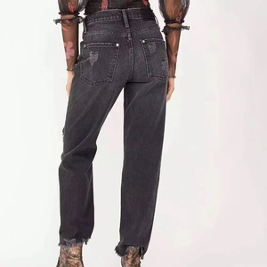 Jeans de Mezclilla de Cintura Alta, Corte Recto, Desgastados, Color Sólido, Estilo Casual, para Otoño - Product Image 2