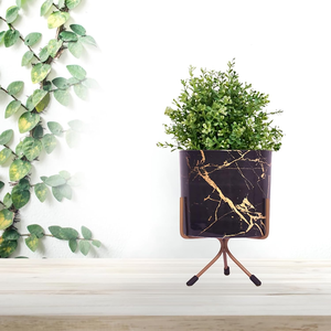 Vase à fleurs en métal noir Marble Mirage avec support en fer, pot de plante décoratif élégant pour la décoration intérieure et extérieure, décoration moderne pour la maison - Product Image 1