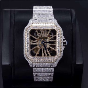 Montre de luxe pour homme, quartz, cadran carré en acier inoxydable, incrustée de diamants moissanite, cadran analogique, verre saphir, fermoir déployant - Product Image 6