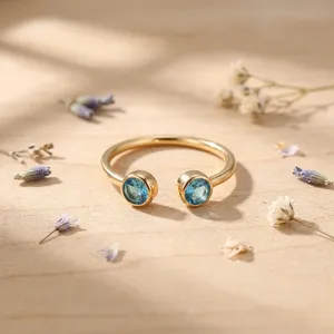 Wholesale Minimalist Style Jewelry Sky Blue <b>Quartz</b> Bezel Setting Double Stone 18k Gold Plated Brass Statement Stylish Fancy <b>Ring</b> - Product Image 3
