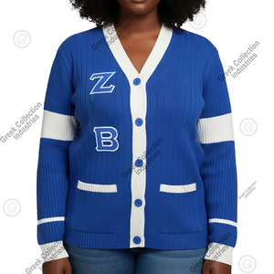 Cárdigan de Mujer Personalizado para Hermandad Zeta ZPB, Azul Rey y Rayas Blancas, Tejido de Cable, con Bordado de Letras Griegas - Product Image 3