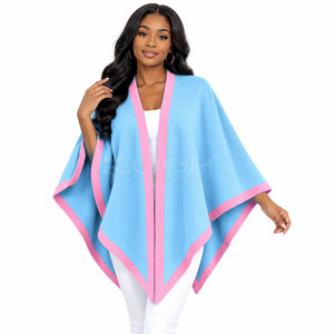 Cosh International Sorority Sisterhood Light Blue <b>Poncho</b> With Pink Trim V Neck Batwing Sleeve Casual Sweater Cape Shawl Wool - Product Image 3
