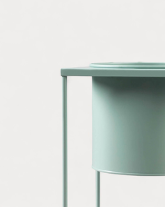 Ensemble moderne de trois supports de plantes en métal vert sarcelle et vert menthe avec pots cylindriques, supports de plantes géométriques en fer - Product Image 6