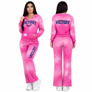 Ensemble de survêtement rose délavé pour femme avec imprimé Victory, 2 pièces, pour le sport et le fitness - Product Image 1