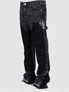 Jean évasé empilé pour homme, en denim tissé formel, peint à la main, noir, avec empiècements contrastants, écologique, délavé léger, collection automne - Product Image 2