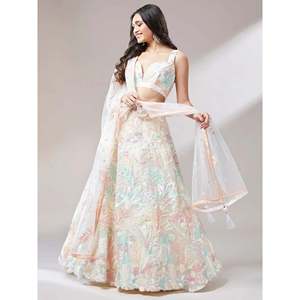 Off-White <b>Sequins</b> Soft Net Wedding Lehenga Choli for Women - Product Image 6