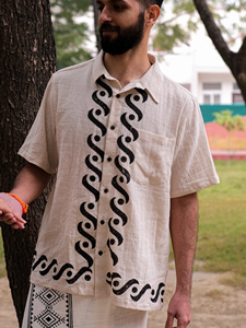 Handmade Men Of-White Cotton Khadi <b>Shirt</b> with Black Hand-Block Print Geometric Waves Summer Casual <b>Button</b>-Down <b>Half</b>-Sleeve Top - Product Image 4