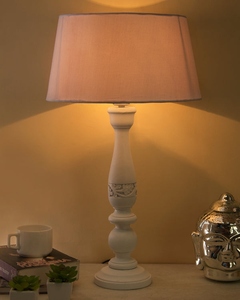 Hand-carved white wood <b>table</b> lamp blue linen shade elegant floral base decorative <b>bedside</b> light for coastal or farmhouse decor - Product Image 3