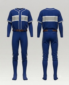Custom Men's <b>Baseball</b> Uniform Set Blue Striped Jersey Pants Full Sleeve Button Closure Breathable Polyester Team Apparel - Product Image 1