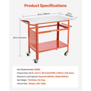 โต๊ะทำงานเชื่อมบัดกรี ขนาด 40 นิ้ว x 24 นิ้ว รับน้ำหนักได้ 800 ปอนด์ โต๊ะเหล็กเคลื่อนที่ได้ 4 ล้อ สำหรับงานเชื่อมบัดกรี - Product Image 3