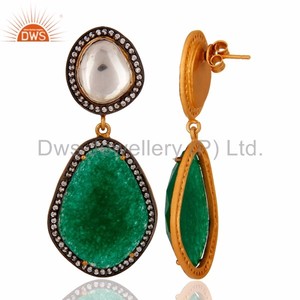 Gold Plated Silver Green Aventurine Gemstone <b>Crystal</b> Polki <b>Earring</b> Manufacturer of Designer Handmade Jewelry - Product Image 4