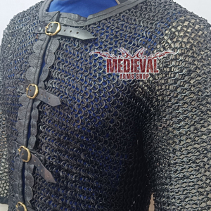 Mild Steel <b>Chainmail</b> <b>Shirt</b> with Leather Trim Flat Riveted with Washer Ring Full Sleeve Hauberk Armor for Adult Knight Costume - Product Image 5