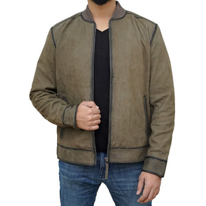 <b>Men's</b> Olive Green Suede Bomber <b>Jacket</b> With Zipper Closure Casual Stand Collar Regular Fit Available For Sale - Product Image 1
