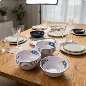 Juego de Vajilla de Melamina con Diseño Floral Azul, Tazones Redondos con Patrón Mixto, Vajilla para 4 Personas, Apta para Lavavajillas - Product Image 1