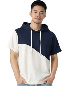 Customized <b>Men</b> Short Sleeve Hoodie T Shirt <b>Navy</b> Blue And White Color Block Casual Pullover Hooded Top Soft Cotton Summer Wear - Product Image 1