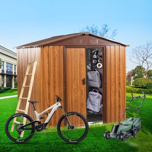 Abri de jardin en métal imitation bois de 1,83 m de large x 1,83 m de profondeur avec bordure couleur café et revêtement horizontal attrayant pour un look harmonieux - Product Image 2