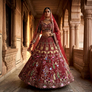 Hermoso Lehenga Choli Rojo de Georgette para Mujer con Bordado, Vestido Tradicional Indio para Boda - Product Image 1
