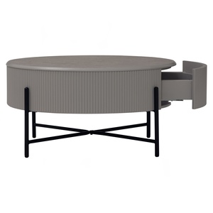 Modern Fluted Round Coffee Table <b>Grey</b> Marble Melamine Top Light <b>Grey</b> Wooden Body Matt Black Metal Leg <b>Frame</b> for Living Room - Product Image 4