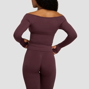 Manufacturer Workout Tight <b>Top</b> Women <b>Off</b> <b>Shoulder</b> Deep Neck Pattern Activewear Sports Training <b>Long</b> <b>Sleeve</b> Thumb Hole <b>Top</b> - Product Image 2