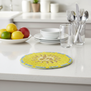 MANTU Round <b>Beaded</b> <b>Coaster</b> with Lemon and Sun Pattern DIY Canvas Fabric and Rice Beads Accessories for Table - Product Image 4