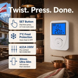<span class=keywords><strong>Thermostat</strong></span> rotatif ultra-plat en gros 130x86x30mm, avec fonction de sauvetage en 5 secondes, <span class=keywords><strong>contact</strong></span> <span class=keywords><strong>sec</strong></span> 1C, précision, 2xAAA pour chambre et cuisine - Product Image 1