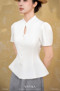 Blusa Blanca de Manga Corta con Cuello Mandarín y Diseño de Peplum para Mujer, Elegante y Casual para Oficina, Modelo DORIS - Product Image 5