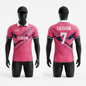 เสื้อรักบี้พรีเมียม 260 GSM โพลีเอสเตอร์ผสมสแปนเด็กซ์ สีชมพู กรมท่า ขาว แผ่นผ้าพิมพ์ลายแบบ Sublimation โลโก้สั่งทำได้ รับผลิตแบบ OEM ODM - Product Image 1