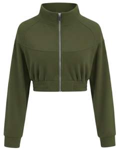 Veste en molleton zippée courte pour femme, vert olive, style décontracté, sweat-shirt court à manches longues, léger, logo personnalisé, fournisseur OEM - Product Image 1