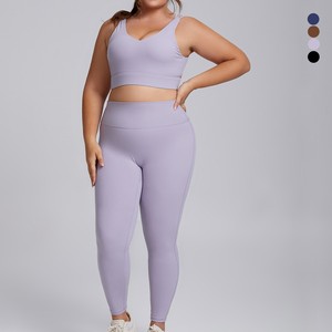 Plus Size Yoga Set <b>Crop</b> <b>Top</b> Full Length Leggings High Waist Seamless Solid Navy Blue 2 Piece Activewear - Product Image 4