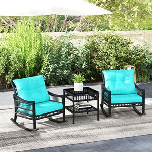 Set di 3 Sedie a Dondolo in Rattan PE per Esterni con Piano in Vetro Temperato Verde Turchese per Giardino o Uso Ospedaliero - Product Image 2