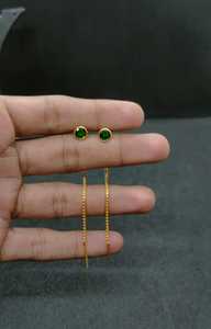 Luxury Emerald Green Look <b>Stud</b> Threader <b>Earrings</b> Gold Plated Long <b>Chain</b> Elegant Designer Fashion Jewelry for Women Wholesale - Product Image 2