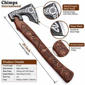ขวานไวกิ้งทำมือ ใบมีดเหล็กกล้าคาร์บอนสูงตีขึ้นรูปด้วยมือ หัวมีหนวด ความยาวรวม 20 นิ้ว ด้ามไม้ทำมือ |   ดีที่สุด - Product Image 2