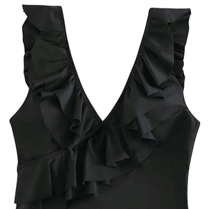 Maillot de bain une pièce en satin noir pour femme, col en V, volants, bretelles spaghetti, sans manches, séchage rapide, tenue de plage printemps-été - Product Image 6