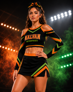 Ensemble d'uniformes de cheerleading sur mesure pour femmes, en polyester, avec haut court à manches longues et mini-jupe, orné de strass - Product Image 1
